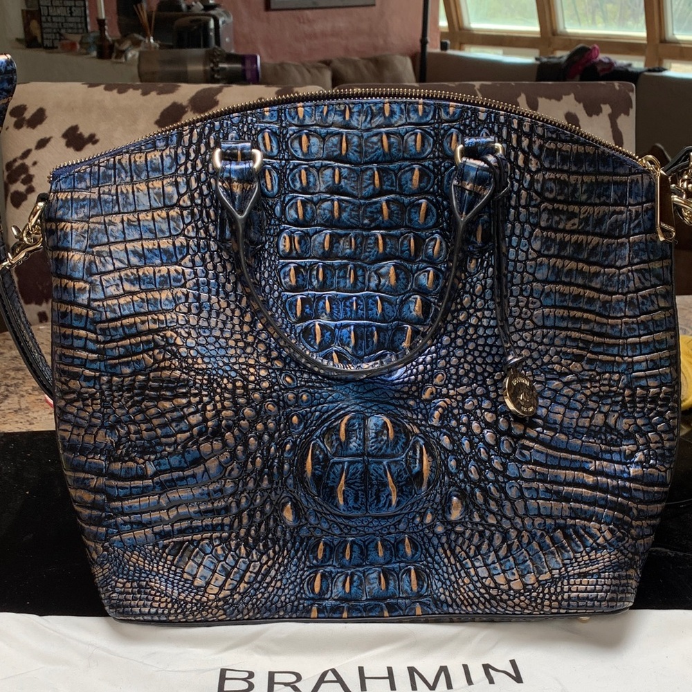 Brahmin Navy and Tan Crocodile Embossed Satchel